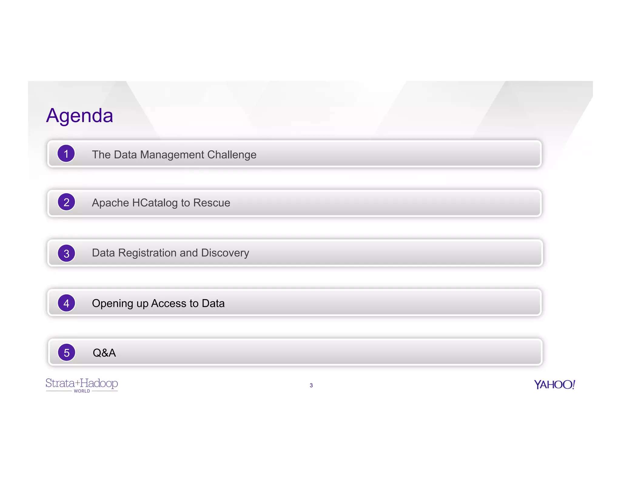 Agenda
3
The Data Management Challenge1
Apache HCatalog to Rescue
Data Registration and Discovery
Opening up Access to Data
Q&A
2
3
4
5
 