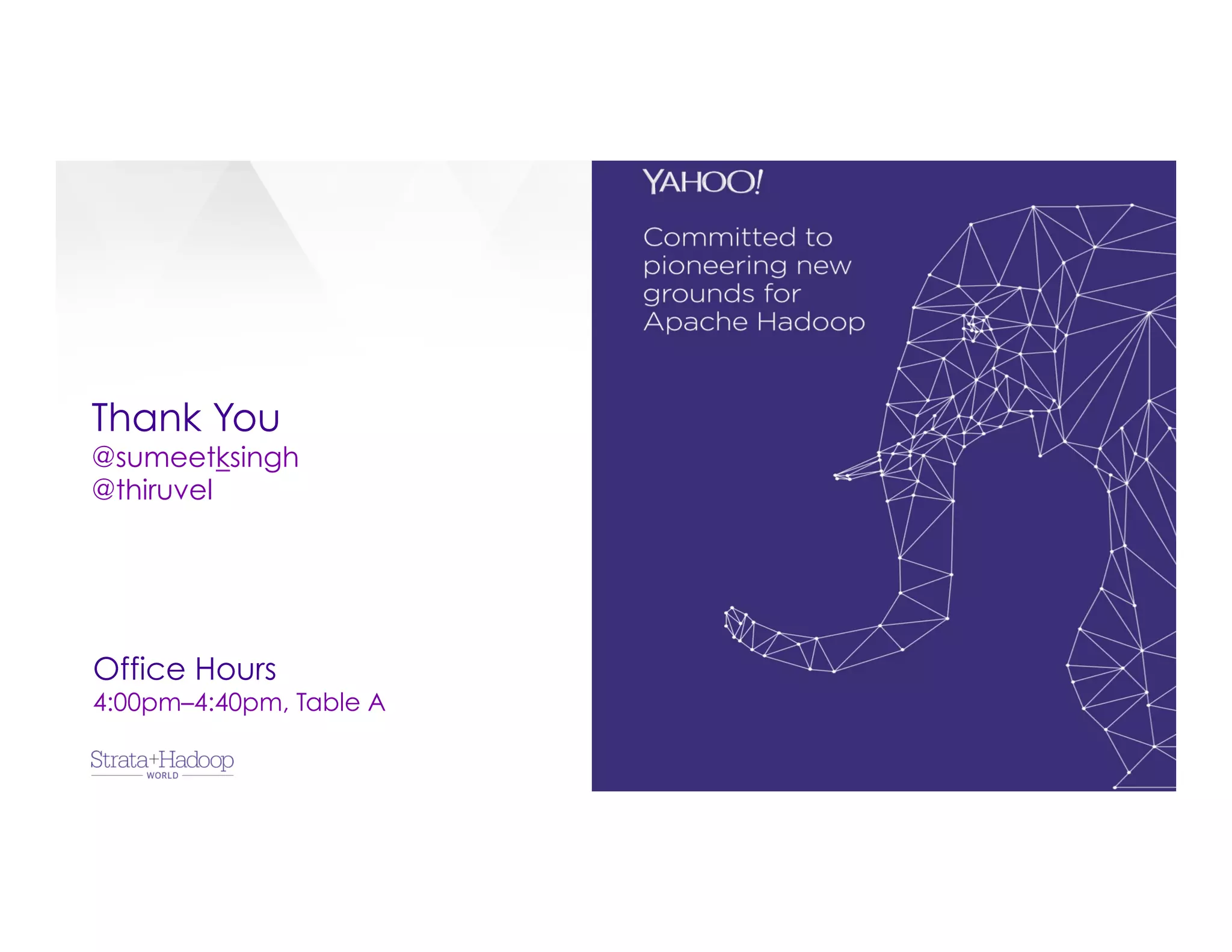 Thank You
@sumeetksingh
@thiruvel
Office Hours
4:00pm–4:40pm, Table A
 