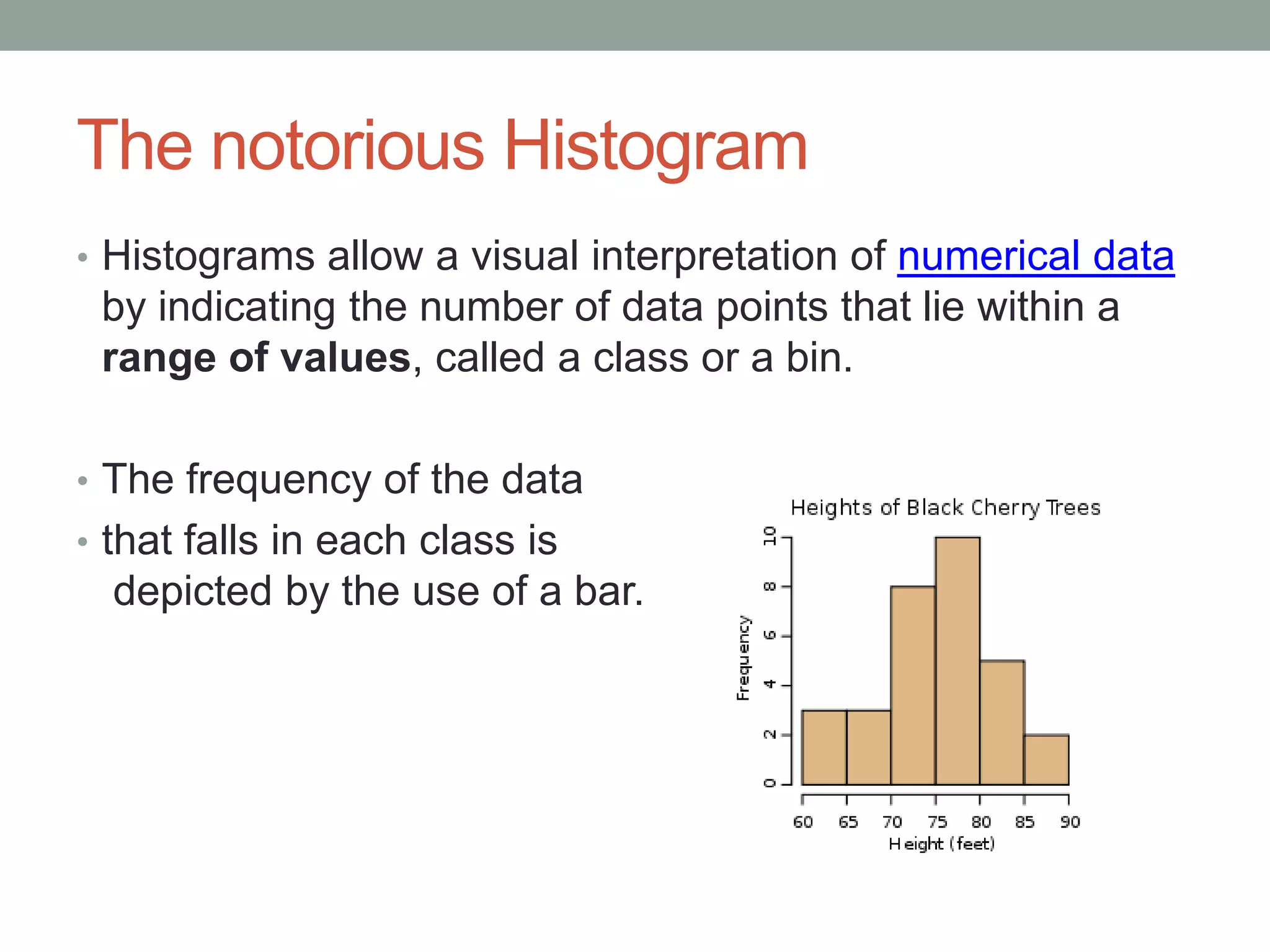 The notorious Histogram
• Histograms allow a visual interpretation of numerical data
 by indicating the number of data points that lie within a
 range of values, called a class or a bin.

• The frequency of the data
• that falls in each class is
  depicted by the use of a bar.
 