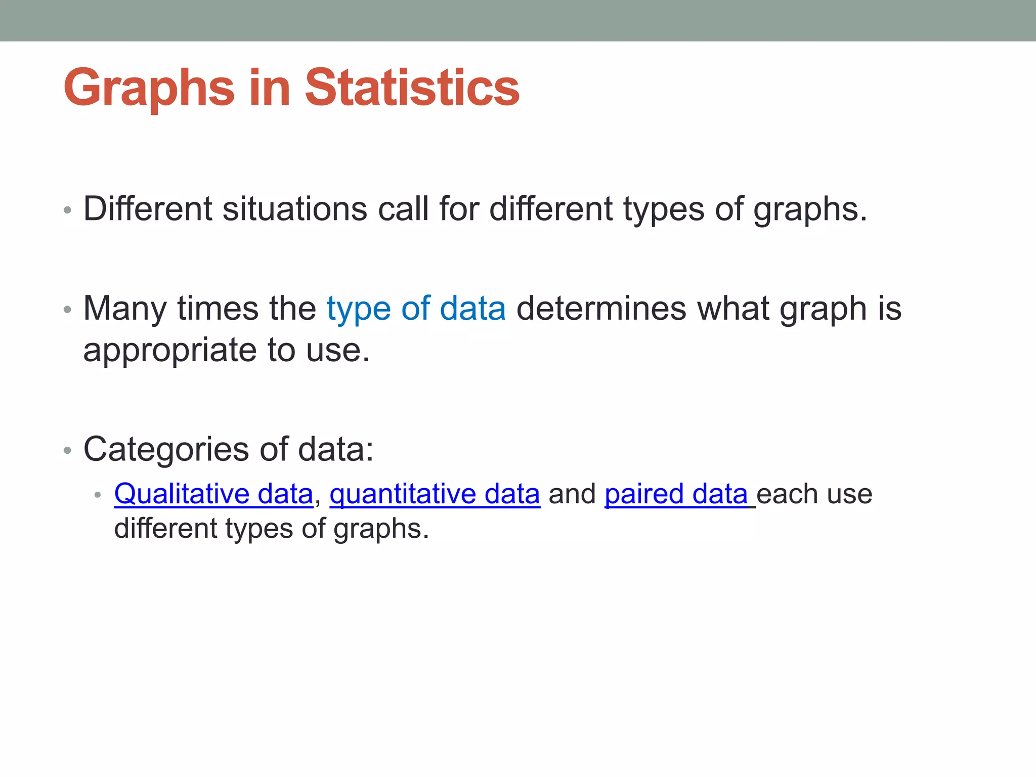 Graphs in Statistics

• Different situations call for different types of graphs.


• Many times the type of data determines what graph is
 appropriate to use.

• Categories of data:
  • Qualitative data, quantitative data and paired data each use
    different types of graphs.
 