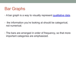 Bar Graphs
• A bar graph is a way to visually represent qualitative data.


• the information you’re looking at should be categorical,
 not numerical.

• The bars are arranged in order of frequency, so that more
 important categories are emphasized.
 