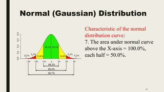 Normal (Gaussian) Distribution
11
Characteristic of the normal
distribution curve:
7. The area under normal curve
above the X-axis = 100.0%,
each half = 50.0%.
 