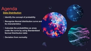 Agenda
Data Distribution
Identify the concept of probability
Recognize Normal distribution curve and
its characteristics
Calculate the probabilities as areas
under the curve by using Standardized
Normal Distribution table
Deviation from normality
 