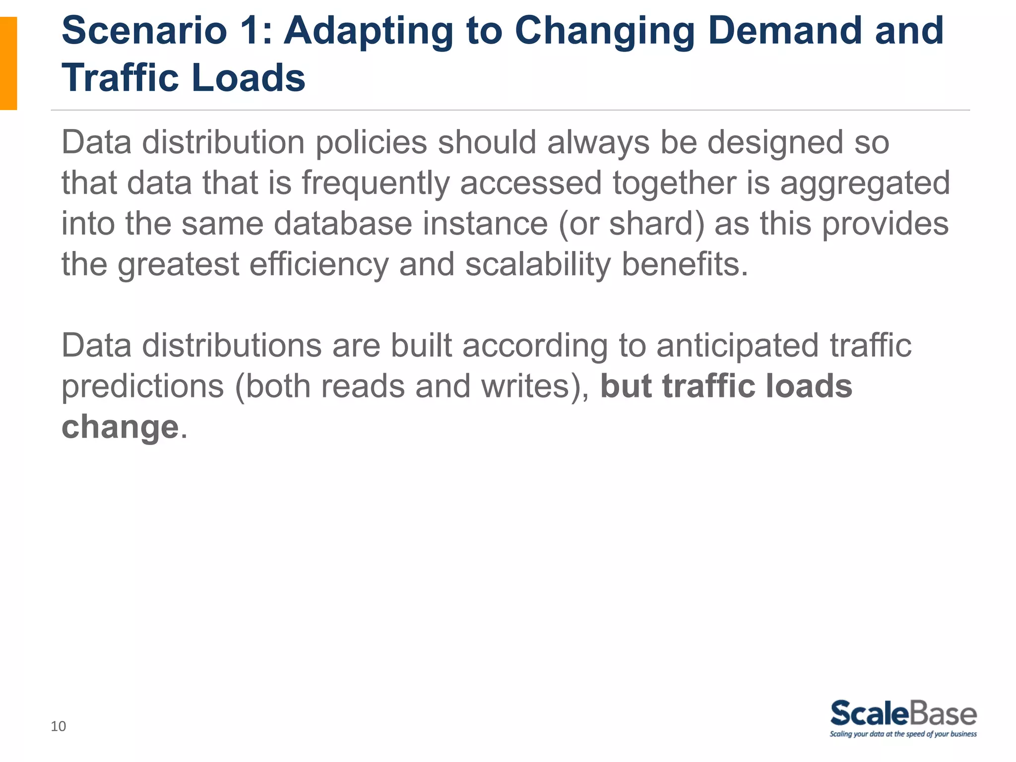 Scenario 1: Adapting to Changing Demand and Traffic Loads Data distribution policies should always be designed so that data that is frequently accessed together is aggregated into the same database instance (or shard) as this provides the greatest efficiency and scalability benefits. Data distributions are built according to anticipated traffic predictions (both reads and writes), but traffic loads change. 10 
