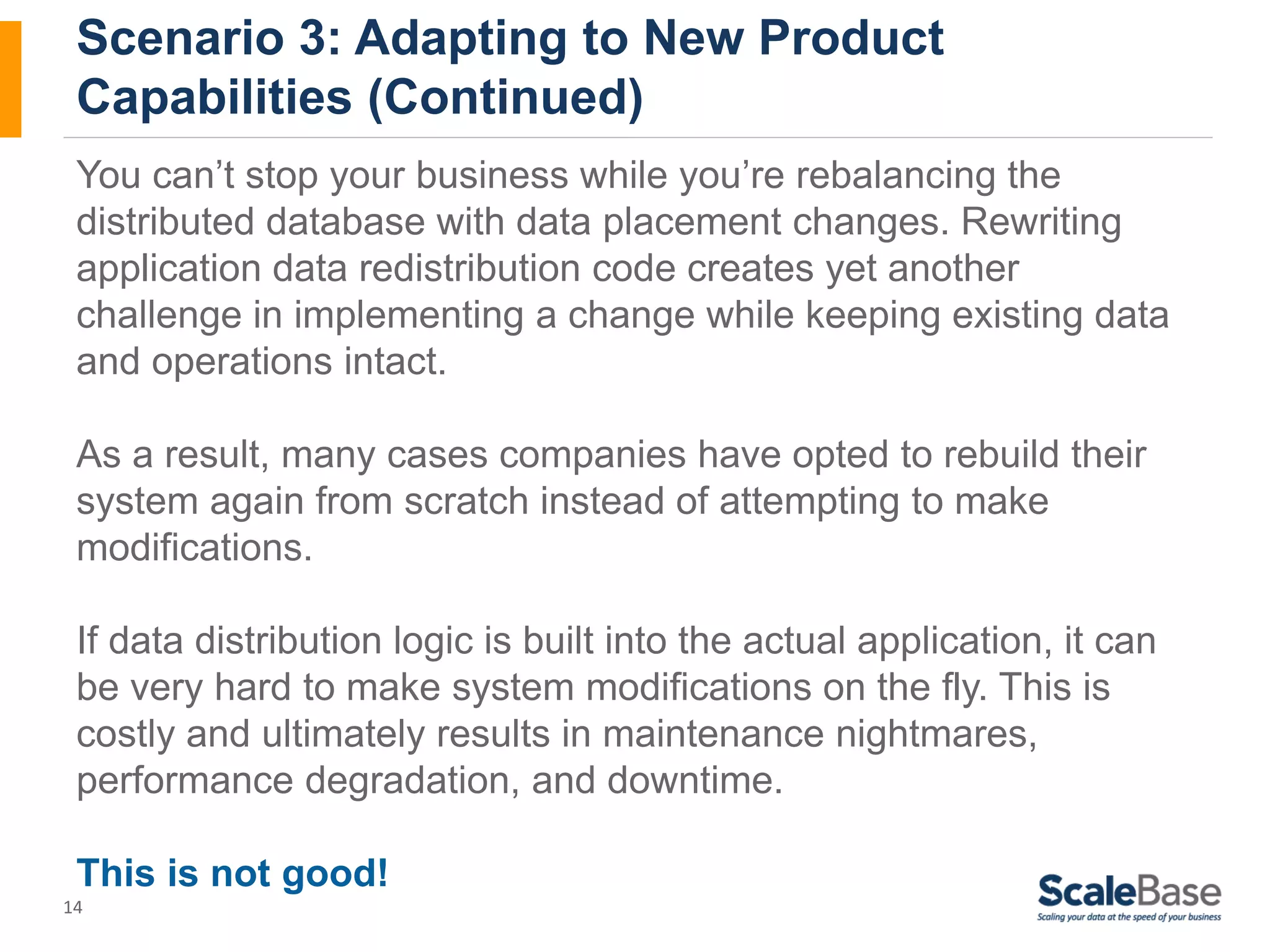 Scenario 3: Adapting to New Product Capabilities (Continued) You can’t stop your business while you’re rebalancing the distributed database with data placement changes. Rewriting application data redistribution code creates yet another challenge in implementing a change while keeping existing data and operations intact. As a result, many cases companies have opted to rebuild their system again from scratch instead of attempting to make modifications. If data distribution logic is built into the actual application, it can be very hard to make system modifications on the fly. This is costly and ultimately results in maintenance nightmares, performance degradation, and downtime. This is not good! 14 