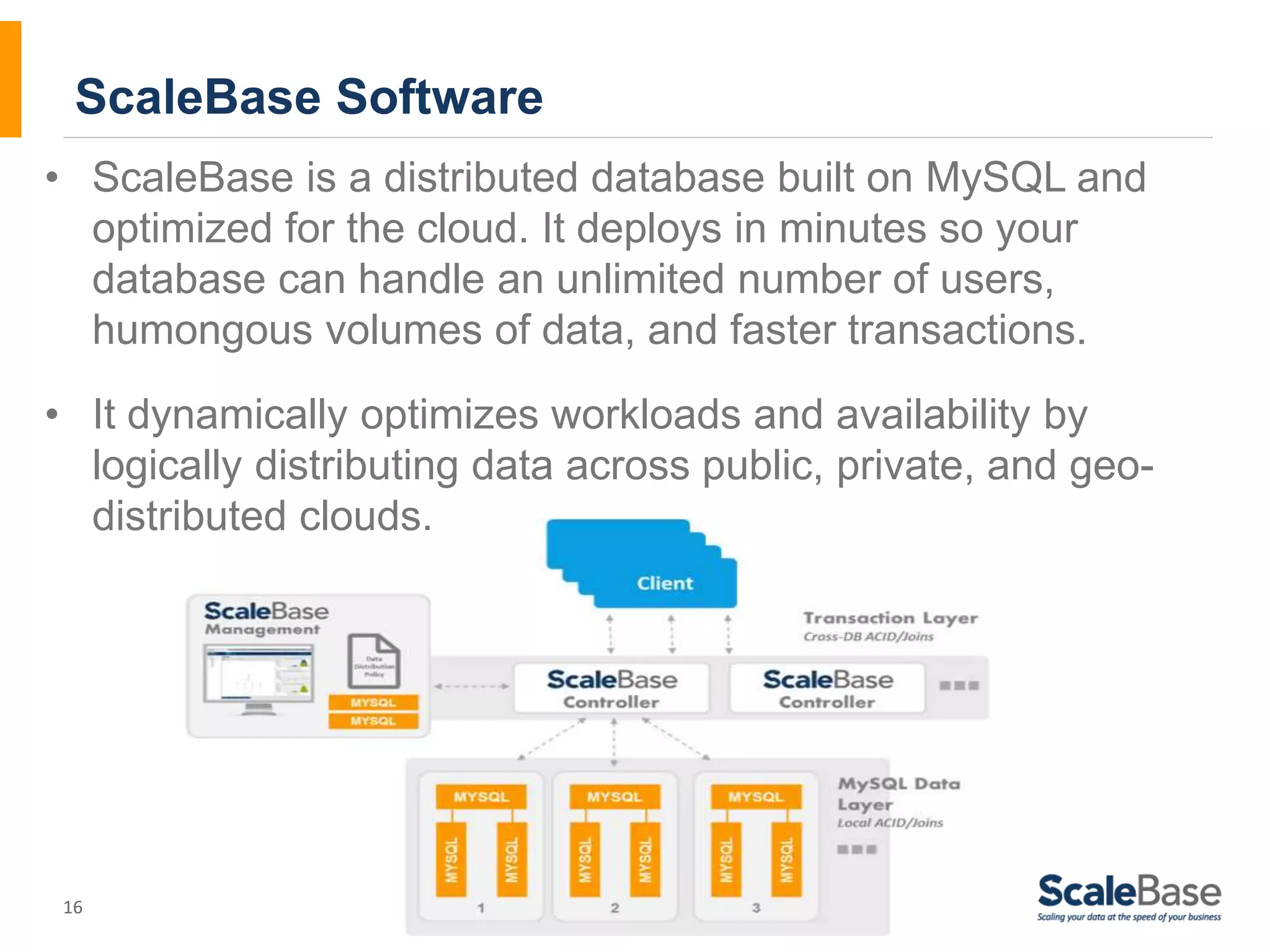 ScaleBase Software • ScaleBase is a distributed database built on MySQL and 16 optimized for the cloud. It deploys in minutes so your database can handle an unlimited number of users, humongous volumes of data, and faster transactions. • It dynamically optimizes workloads and availability by logically distributing data across public, private, and geo-distributed clouds. 
