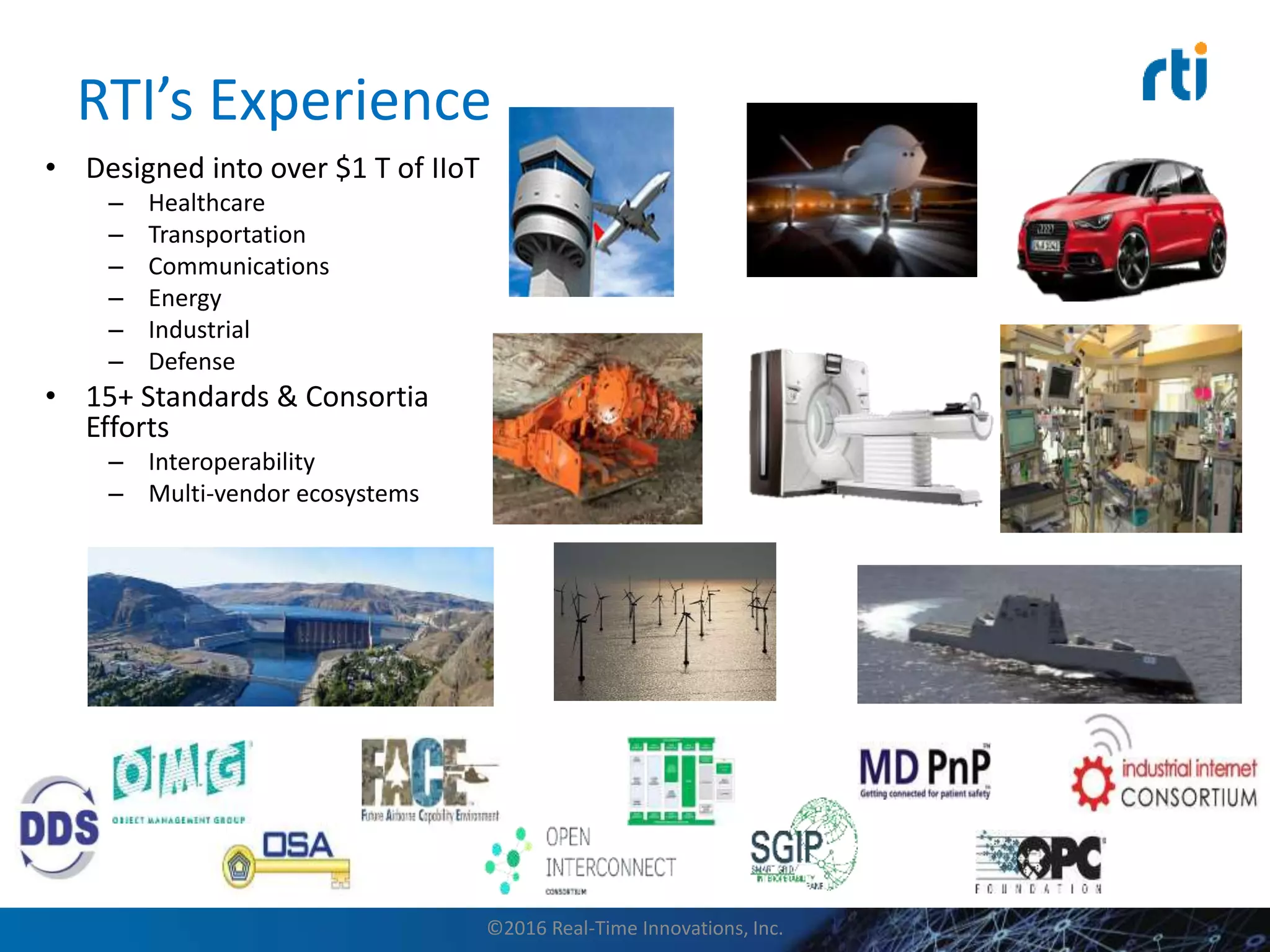 RTI’s Experience
• Designed into over $1 T of IIoT
– Healthcare
– Transportation
– Communications
– Energy
– Industrial
– Defense
• 15+ Standards & Consortia
Efforts
– Interoperability
– Multi-vendor ecosystems
©2016 Real-Time Innovations, Inc.
 