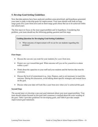 5. Develop Goal-Setting Guidelines
Now that data patterns have been analyzed, problem areas prioritized, and hypotheses generated,
your team is ready to develop goals for improvement. Your team should work both on longrange goals (five years from now) and on short-range goals (those that are to be achieved within
one school year).
The first step is to focus on the most urgent problem and its hypothesis. Considering that
problem, your team should use the following guiding question and first steps:
Guiding Question for Developing Goal-Setting Guidelines:
•

What outcome of improvement will we set for our students regarding this
problem?

First Steps:
•

Discuss the outcome you want for your students five years from now.

•	 Project one year toward that goal. What outcome will you set for yourselves to attain
within a year?
•	 Think about the capacities in your staff and your students and the barriers that must be
overcome.
•	 Discuss the level of commitment (e.g., time, finances, and so on) necessary to reach this
outcome. During this discussion, avoid talking about specific strategies and instead focus
on the goal.
•

Discuss what your data will look like a year from now when you’ve achieved this goal.

Second Step:
The second step is to develop a one-year goal statement about your most urgent problem. Your
team should remain focused on this goal until consensus is reached about the exact wording of
the goal. Table 5 provides guidelines for developing goals, and Table 6 provides sample
improvement goal statements.

Learning Point Associates

Guide to Using Data in School Improvement Efforts—16

 