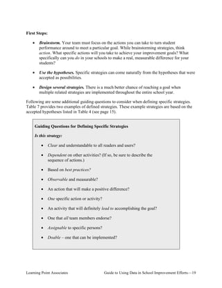 First Steps:
•	 Brainstorm. Your team must focus on the actions you can take to turn student
performance around to meet a particular goal. While brainstorming strategies, think
action. What specific actions will you take to achieve your improvement goals? What
specifically can you do in your schools to make a real, measurable difference for your
students?
•	 Use the hypotheses. Specific strategies can come naturally from the hypotheses that were
accepted as possibilities.
•	 Design several strategies. There is a much better chance of reaching a goal when
multiple related strategies are implemented throughout the entire school year.
Following are some additional guiding questions to consider when defining specific strategies.
Table 7 provides two examples of defined strategies. These example strategies are based on the
accepted hypotheses listed in Table 4 (see page 15).
Guiding Questions for Defining Specific Strategies
Is this strategy:
•

Clear and understandable to all readers and users?

•

Dependent on other activities? (If so, be sure to describe the
sequence of actions.)

•

Based on best practices?

•

Observable and measurable?

•

An action that will make a positive difference?

•

One specific action or activity?

•

An activity that will definitely lead to accomplishing the goal?

•

One that all team members endorse?

•

Assignable to specific persons?

•

Doable – one that can be implemented?

Learning Point Associates

Guide to Using Data in School Improvement Efforts—19

 