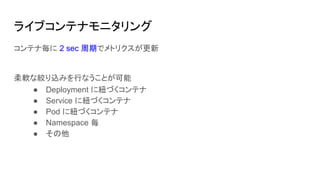 ライブコンテナモニタリング
コンテナ毎に 2 sec 周期でメトリクスが更新
柔軟な絞り込みを行なうことが可能
● Deployment に紐づくコンテナ
● Service に紐づくコンテナ
● Pod に紐づくコンテナ
● Namespace 毎
● その他
 