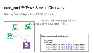 auto_conf を使った Service Discovery
Datadog Pod から Nginx Pod の監視をしたいとき
いちいち Pod の IP を設定するの…？
　　　　　　　　　　　　　　　 コンテナのライフサイクルは短いけど…
/etc/dd-agent/conf.d/nginx.conf
init_config:
instances:
- nginx_status_url: http://10.0.0.1:80/nginx_status
- nginx_status_url: http://10.0.0.2:80/nginx_status
- nginx_status_url: http://10.0.0.3:80/nginx_status
 