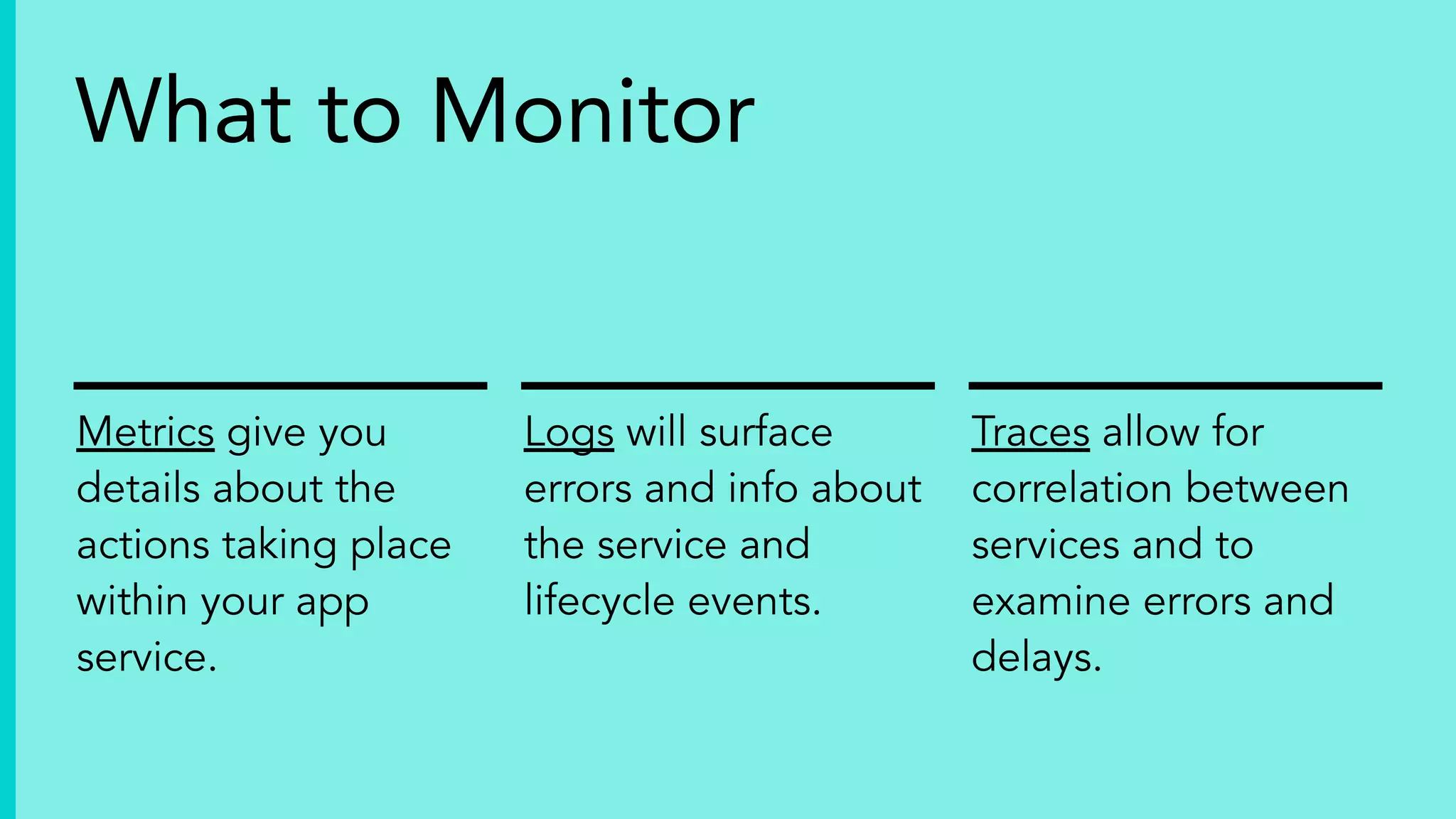 Metrics give you
details about the
actions taking place
within your app
service.
Logs will surface
errors and info about
the service and
lifecycle events.
Traces allow for
correlation between
services and to
examine errors and
delays.
What to Monitor
 
