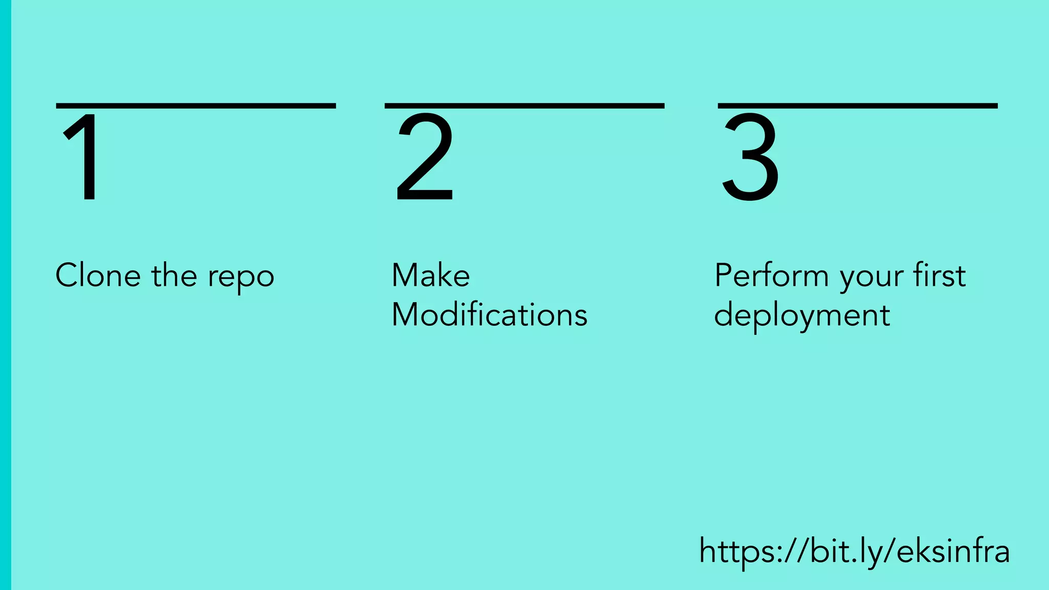 Clone the repo
1 2 3
Make
Modiﬁcations
Perform your ﬁrst
deployment
https://bit.ly/eksinfra
 