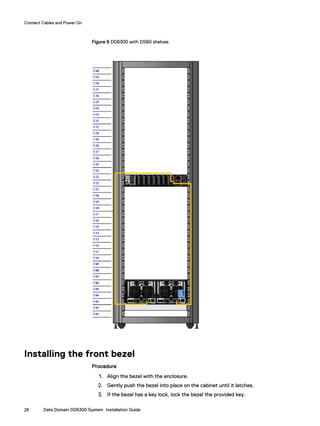 Figure 9 DD6300 with DS60 shelves
Installing the front bezel
Procedure
1. Align the bezel with the enclosure.
2. Gently push the bezel into place on the cabinet until it latches.
3. If the bezel has a key lock, lock the bezel the provided key.
Connect Cables and Power On
28 Data Domain DD6300 System Installation Guide
 