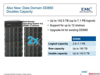 Also New: Data Domain DD880
    Doubles Capacity

                                    Data Domain              Up to 142.5 TB (up to 7.1 PB logical)
                                    Operating System 4.8,
                                    DD880 12 shelves         Support for up to 12 shelves
                                                             Upgrade kit for existing DD880


                                                                                DD880
                                                            Logical capacity    2.8–7.1 PB
                                                            Raw capacity        Up to 192 TB
                                                            Usable capacity     Up to 142.5 TB




© Copyright 2009 EMC Corporation. All rights reserved.                                23
 