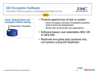 DD Encryption Software
    Industry’s first encryption of deduplicated data at rest
                                                             New


  Inline: deduplication and                               Protects against loss of disk or system
  encryption before storing                                  – Inline encryption provides immediate protection
             Deduplication + Encryption
                                                               while preserving deduplication
                                                             – Works with all protocols and applications

                                                          Software-based, user-selectable AES-128
                                                           or AES-256
                                                          Replicate encrypted data (payload only,
                                                           not session) using DD Replicator




© Copyright 2009 EMC Corporation. All rights reserved.                                         28
 