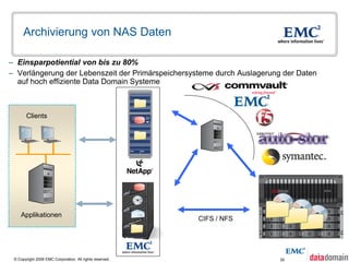 Archivierung von NAS Daten

– Einsparpotiential von bis zu 80%
– Verlängerung der Lebenszeit der Primärspeichersysteme durch Auslagerung der Daten
  auf hoch effiziente Data Domain Systeme



       Clients




    Applikationen
                                                          CIFS / NFS




 © Copyright 2009 EMC Corporation. All rights reserved.                  30
 