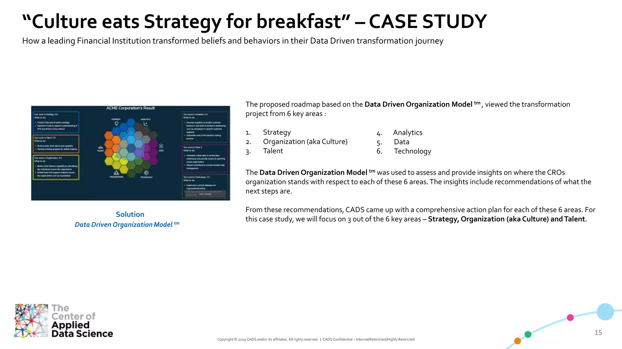 1515
Copyright © 2019 CADS and/or its affiliates. All rights reserved. | CADS Confidential – Internal/Restricted/Highly Restricted
The proposed roadmap based on the Data Driven Organization Model tm , viewed the transformation
project from 6 key areas :
1. Strategy
2. Organization (aka Culture)
3. Talent
4. Analytics
5. Data
6. Technology
Solution
The Data Driven Organization Model tm was used to assess and provide insights on where the CROs
organization stands with respect to each of these 6 areas.The insights include recommendations of what the
next steps are.
From these recommendations, CADS came up with a comprehensive action plan for each of these 6 areas. For
this case study, we will focus on 3 out of the 6 key areas – Strategy, Organization (aka Culture) andTalent.
Data Driven Organization Model tm
“Culture eats Strategy for breakfast” – CASE STUDY
How a leading Financial Institution transformed beliefs and behaviors in their Data Driven transformation journey
 
