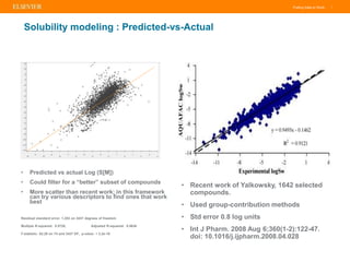 Putting Data to Work |
Solubility modeling : Predicted-vs-Actual
• Predicted vs actual Log (S[M])
• Could filter for a “better” subset of compounds
• More scatter than recent work; in this framework
can try various descriptors to find ones that work
best
Residual standard error: 1.253 on 3437 degrees of freedom
Multiple R-squared: 0.5728, Adjusted R-squared: 0.5636
F-statistic: 62.29 on 74 and 3437 DF, p-value: < 2.2e-16
• Recent work of Yalkowsky, 1642 selected
compounds.
• Used group-contribution methods
• Std error 0.8 log units
• Int J Pharm. 2008 Aug 6;360(1-2):122-47.
doi: 10.1016/j.ijpharm.2008.04.028
 