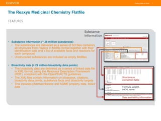 Putting Data to Work |
FEATURES
The Reaxys Medicinal Chemistry Flatfile
• Substance information (~ 26 million substances)
...