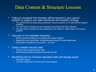 Data Content & Structure Lessons

•   Failing to recognize that changes will be required in your source
    systems to support your data warehouse and analytics strategy
     – You will find that the data being collected in source systems is not optimized to support
         analytics
     –   You will need to change human processes associated with data collection
     –   You will need to change the way applications are written to collect data in the source
         systems

•   Very poor or no metadata repository
     – Where would the telephone be without the Yellow Pages?
     – Maybe the most overlooked, underestimated aspect of a data warehouse
     – Quite often considered a luxury item… it‟s not!

•   Overly complex security roles
     – Trying to be too granular with roles
     – Which actually leads to greater insecurity and risk

•   Sacrificing joins to minimize redundant data and storage space
     – Storage is cheap
     – Joins are expensive to CPUs and to data analysts


                                                                                                   35
 