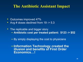 The Antibiotic Assistant Impact


• Outcomes improved 47%
• Avg # doses declined from 19 -> 5.3
• The replicable and bigger story
   – Antibiotic cost per treated patient: $123 -> $52
   – By simply displaying the cost to physicians

   – Information Technology created the
     illusion and benefits of First Order
     Economics…!
                                                        59
 