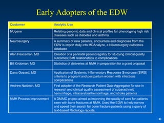 Early Adopters of the EDW
Customer                  Analytic Use

NUgene                    Relating genomic data and clinical profiles for phenotyping high risk
                          diseases such as diabetes and asthma
Neurosurgery              A summary of new patients, encounters and diagnoses from the
                          EDW is import daily into MDAnalyze, a Neurosurgery outcomes
                          database
Alan Peaceman, MD         Creation of a perinatal patient registry for studying clinical quality
                          outcomes; BMI relationships to complications
Bill Grobman, MD          Statistics of deliveries at NMH in preparation for a grant proposal

Dana Gossett, MD          Application of Systemic Inflammatory Response Syndrome (SIRS)
                          criteria to pregnant and postpartum women with infectious
                          complications
Andrew Naidech, MD        First adopter of the Research Patient Data Aggregator for use in
                          research and clinical quality assessment of subarachnoid
                          hemorrhage, intracerebral hemorrhage, and stroke patients
NMH Process Improvement   A DMAIC project aimed at improving the quality of care for patients
                          seen with bone fractures at NMH. Used the EDW to help narrow
                          and speed their search for bone fracture patients using a query of
                          text-based Radiology reports.

                                                                                                   81
 