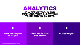 Copyright © 2017 Accenture. All rights reserved. 2
What can analytics
do for you?
What can we learn
from others?
So what f...