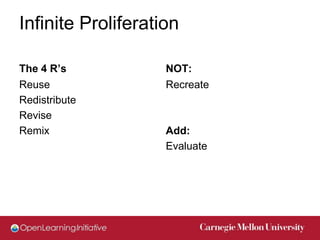 Infinite Proliferation

The 4 R’s           NOT:
Reuse               Recreate
Redistribute
Revise
Remix               Add:
                    Evaluate
 