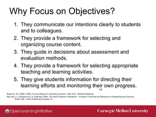 Why Focus on Objectives?
       1. They communicate our intentions clearly to students
          and to colleagues.
       2. They provide a framework for selecting and
          organizing course content.
       3. They guide in decisions about assessment and
          evaluation methods.
       4. They provide a framework for selecting appropriate
          teaching and learning activities.
       5. They give students information for directing their
          learning efforts and monitoring their own progress.
                                                                                                    14
Based on A.H. Miller (1987), Course Design for University Lecturers. New York: Nichols Publishing.
Also see, C.I. Davidson & S. A. Ambrose (1994), The New Professor’s Handbook: A Guide to Teaching and Research in Engineering and Sciences.
         Bolton, MA: Anker Publishing Company Inc.
 
