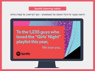 Spotify listening habits
‫הדאטה‬‫שנצבר‬‫של‬‫ההאזנה‬‫הרגלי‬‫על‬‫המשתמשים‬-‫הופך‬‫לקריאטיב‬‫קמפיין‬‫של‬‫שילוט‬
 