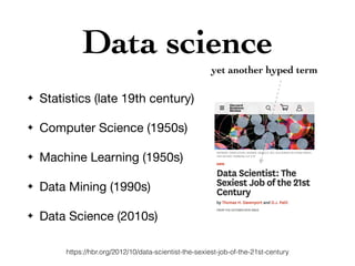 Data science
✦ Statistics (late 19th century)

✦ Computer Science (1950s)

✦ Machine Learning (1950s)

✦ Data Mining (1990s)

✦ Data Science (2010s)
https://hbr.org/2012/10/data-scientist-the-sexiest-job-of-the-21st-century
yet another hyped term
 