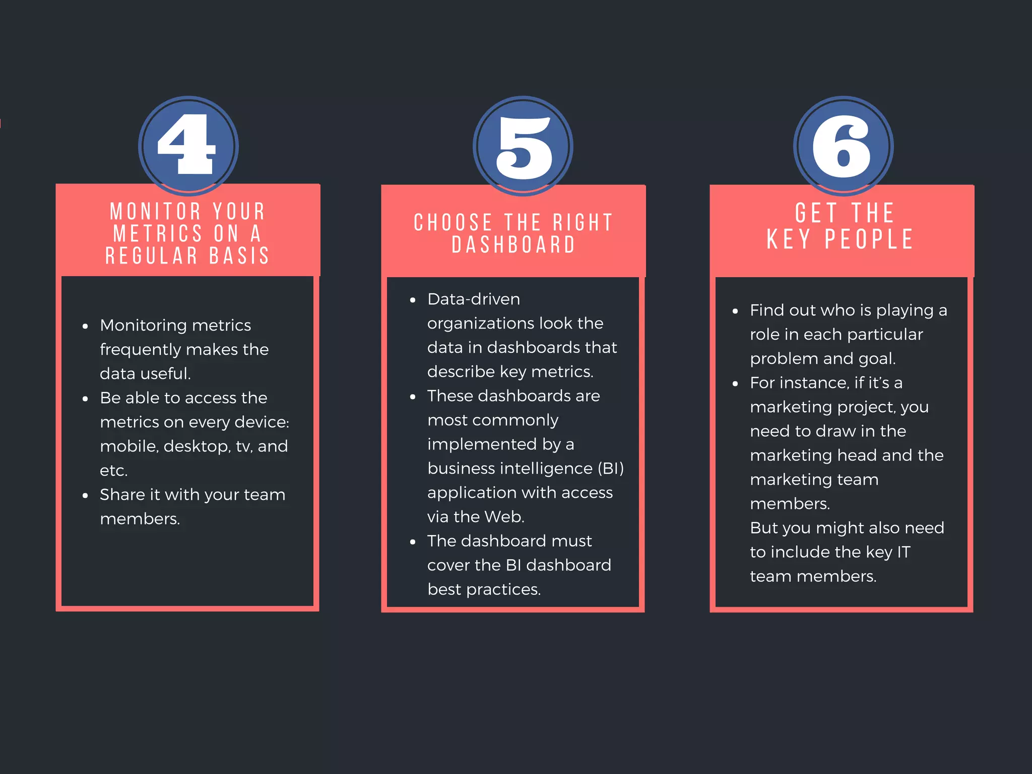 G E T T H E
K E Y P E O P L E
Find out who is playing a
role in each particular
problem and goal.
For instance, if it’s a
marketing project, you
need to draw in the
marketing head and the
marketing team
members.
But you might also need
to include the key IT
team members.
C H O O S E T H E R I G H T
D A S H B O A R D
M O N I T O R Y O U R
M E T R I C S O N A
R E G U L A R B A S I S
Monitoring metrics
frequently makes the
data useful.
Be able to access the
metrics on every device:
mobile, desktop, tv, and
etc.
Share it with your team
members.
Data-driven
organizations look the
data in dashboards that
describe key metrics.
These dashboards are
most commonly
implemented by a
business intelligence (BI)
application with access
via the Web.
The dashboard must
cover the BI dashboard
best practices.