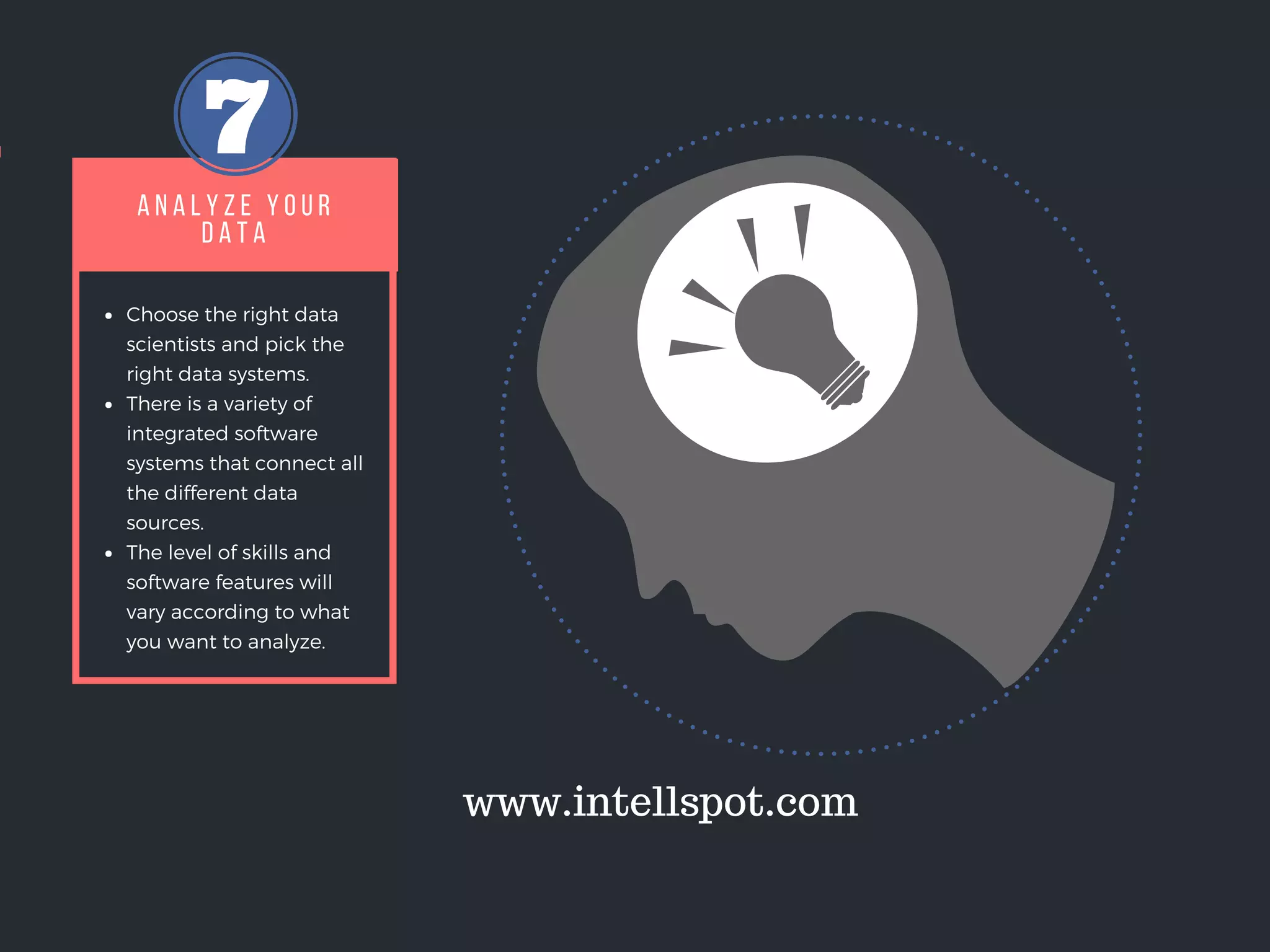 A N A L Y Z E Y O U R
D A T A
Choose the right data
scientists and pick the
right data systems.
There is a variety of
integrated software
systems that connect all
the different data
sources.
The level of skills and
software features will
vary according to what
you want to analyze.
www.intellspot.com