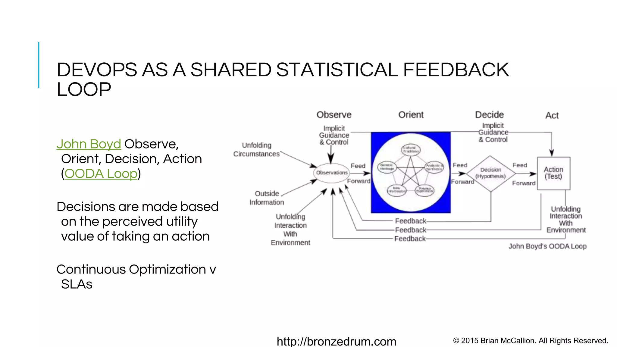 © 2015 Brian McCallion. All Rights Reserved.http://bronzedrum.com
Six Principles of Data Driven DevOps
1. Begin with a simple set of automated real-time metrics
2. Zero manual reporting preferred over too many metrics
3. Quality of software is measured continuously as a function of: cost,
coupling, fault tolerance, elasticity, time to repair / time to delivery
4. Lessons learned = new metrics
5. Bottoms up automated reporting
6. System logs, Software logs, Cloud API calls, external task and bug
tracking systems are all sources of metrics
 