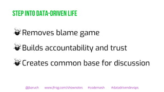 Step into data-driven life
@jbaruch www.jfrog.com/shownotes #codemash #datadrivendevops
Removes blame game
Builds accountability and trust
Creates common base for discussion
 