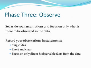 Phase Three: ObserveSet aside your assumptions and focus on only what isthere to be observed in the data.Record your observations in statements:Single ideaShort and clearFocus on only direct & observable facts from the data