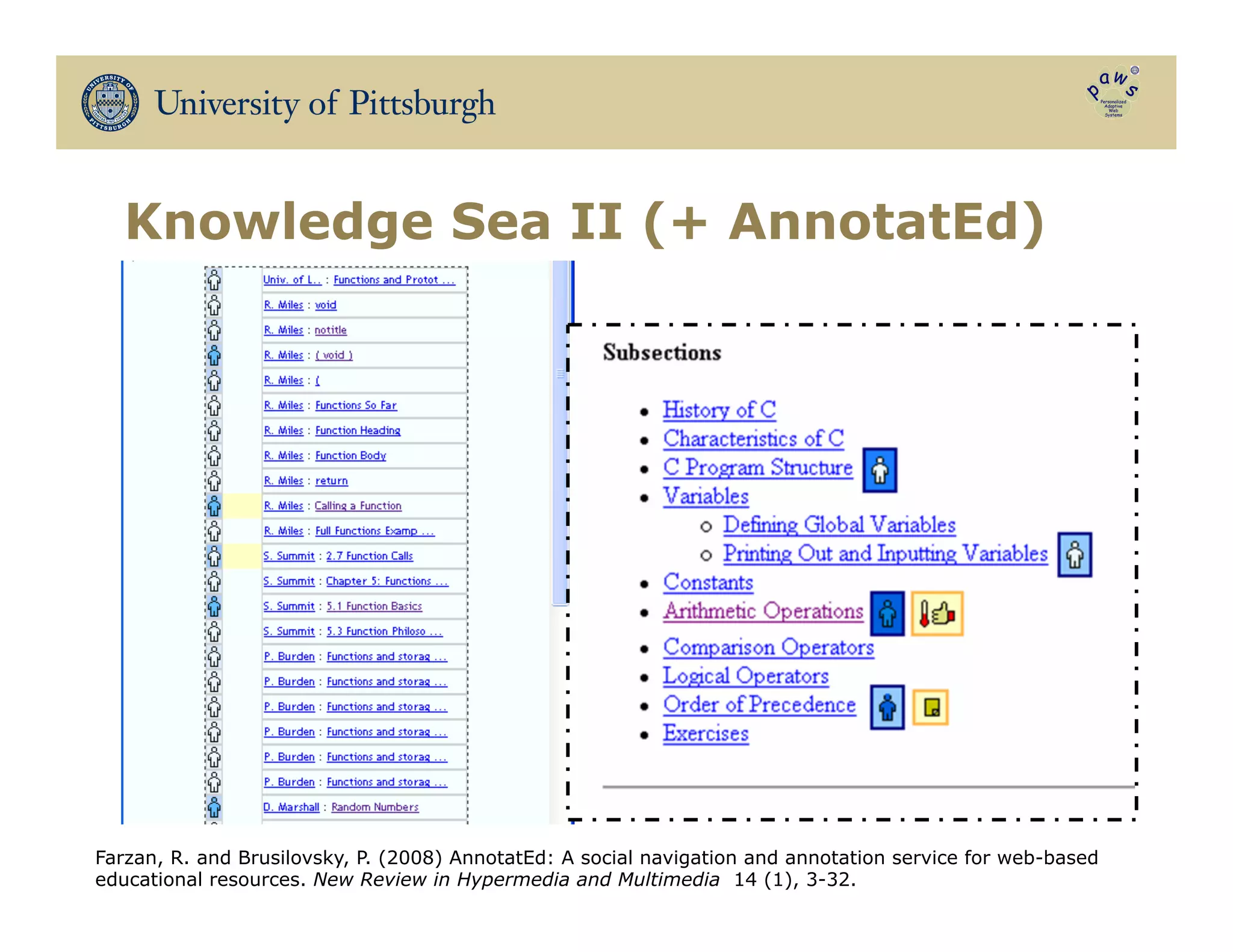 Knowledge Sea II (+ AnnotatEd)
Farzan, R. and Brusilovsky, P. (2008) AnnotatEd: A social navigation and annotation service for web-based
educational resources. New Review in Hypermedia and Multimedia 14 (1), 3-32.
 