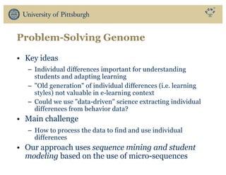 Problem-Solving Genome
• Key ideas
– Individual differences important for understanding
students and adapting learning
– "Old generation" of individual differences (i.e. learning
styles) not valuable in e-learning context
– Could we use "data-driven" science extracting individual
differences from behavior data?
• Main challenge
– How to process the data to find and use individual
differences
• Our approach uses sequence mining and student
modeling based on the use of micro-sequences
 
