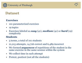 Dataset
Exercises
• 101 parameterized exercises
• 19 topics
• Exercises labeled as easy (41), medium (41) or hard (19)
complexity
Students
• 3 terms, a total of 101 students
• 21,215 attempts, 14,726 correct and 6,489 incorrect
• We formed sequences of repetitions of the student in the
same exercise in the same session within the system
• We collect time in each attempt
• Pretest, posttest (not all the students)
 