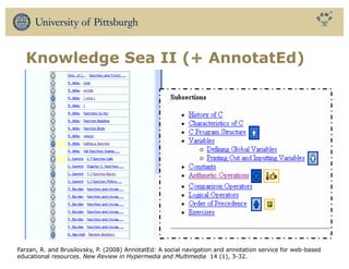 Knowledge Sea II (+ AnnotatEd)
Farzan, R. and Brusilovsky, P. (2008) AnnotatEd: A social navigation and annotation service for web-based
educational resources. New Review in Hypermedia and Multimedia 14 (1), 3-32.
 