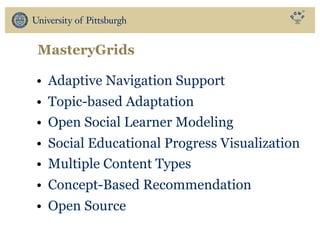 MasteryGrids
• Adaptive Navigation Support
• Topic-based Adaptation
• Open Social Learner Modeling
• Social Educational Progress Visualization
• Multiple Content Types
• Concept-Based Recommendation
• Open Source
 