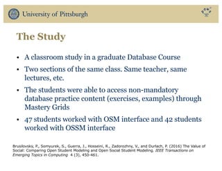 The Study
• A classroom study in a graduate Database Course
• Two sections of the same class. Same teacher, same
lectures, etc.
• The students were able to access non-mandatory
database practice content (exercises, examples) through
Mastery Grids
• 47 students worked with OSM interface and 42 students
worked with OSSM interface
Brusilovsky, P., Somyurek, S., Guerra, J., Hosseini, R., Zadorozhny, V., and Durlach, P. (2016) The Value of
Social: Comparing Open Student Modeling and Open Social Student Modeling. IEEE Transactions on
Emerging Topics in Computing 4 (3), 450-461.
 