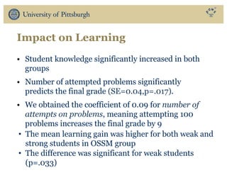 Impact on Learning
• Student knowledge significantly increased in both
groups
• Number of attempted problems significantly
predicts the final grade (SE=0.04,p=.017).
• We obtained the coefficient of 0.09 for number of
attempts on problems, meaning attempting 100
problems increases the final grade by 9
• The mean learning gain was higher for both weak and
strong students in OSSM group
• The difference was significant for weak students
(p=.033)
 
