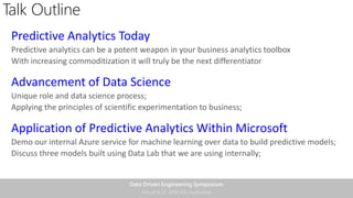 Predictive Analytics
“Trying to predict the future is like trying to drive down a country road
at night with no lights whi...
