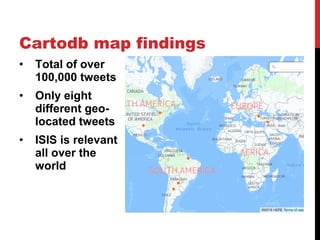 • Total of over
100,000 tweets
• Only eight
different geo-
located tweets
• ISIS is relevant
all over the
world
Cartodb map findings
 