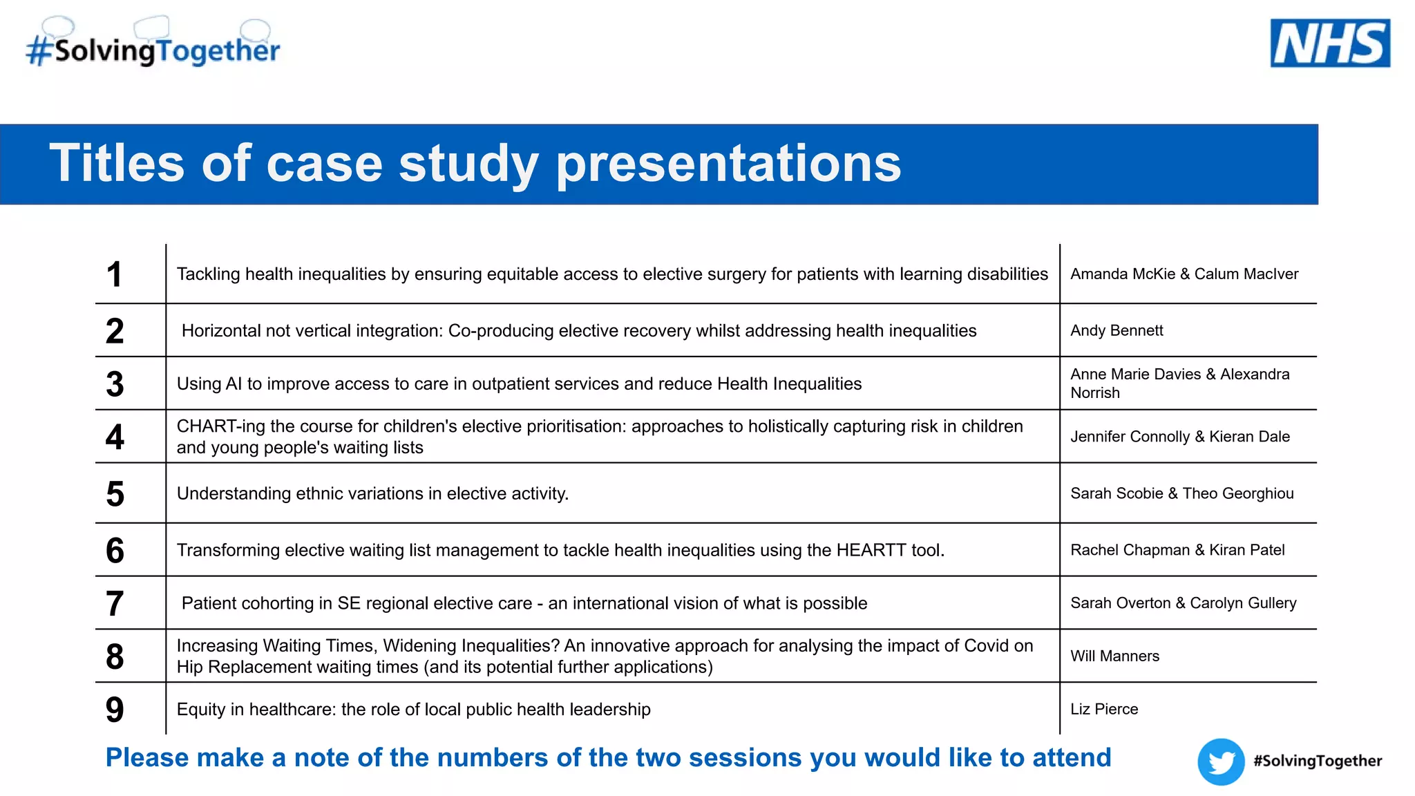 Titles of case study presentations
1 Tackling health inequalities by ensuring equitable access to elective surgery for patients with learning disabilities Amanda McKie & Calum MacIver
2 Horizontal not vertical integration: Co-producing elective recovery whilst addressing health inequalities Andy Bennett
3 Using AI to improve access to care in outpatient services and reduce Health Inequalities
Anne Marie Davies & Alexandra
Norrish
4 CHART-ing the course for children's elective prioritisation: approaches to holistically capturing risk in children
and young people's waiting lists
Jennifer Connolly & Kieran Dale
5 Understanding ethnic variations in elective activity. Sarah Scobie & Theo Georghiou
6 Transforming elective waiting list management to tackle health inequalities using the HEARTT tool. Rachel Chapman & Kiran Patel
7 Patient cohorting in SE regional elective care - an international vision of what is possible Sarah Overton & Carolyn Gullery
8 Increasing Waiting Times, Widening Inequalities? An innovative approach for analysing the impact of Covid on
Hip Replacement waiting times (and its potential further applications)
Will Manners
9 Equity in healthcare: the role of local public health leadership Liz Pierce
Please make a note of the numbers of the two sessions you would like to attend
 