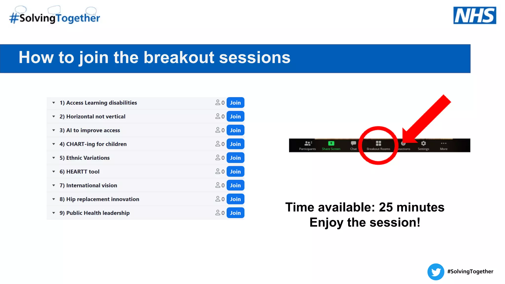 How to join the breakout sessions
Time available: 25 minutes
Enjoy the session!
 