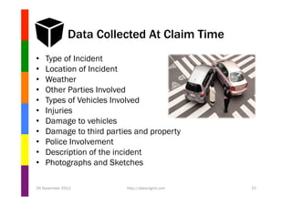 Data Collected At Claim Time
• 
• 
• 
• 
• 
• 
• 
• 
• 
• 
• 

Type of Incident
Location of Incident
Weather
Other Parties Involved
Types of Vehicles Involved
Injuries
Damage to vehicles
Damage to third parties and property
Police Involvement
Description of the incident
Photographs and Sketches

26 November 2013

http://datamgmt.com

10

 