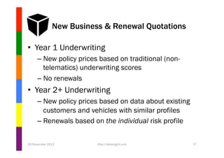 New Business & Renewal Quotations
•  Year 1 Underwriting
–  New policy prices based on traditional (nontelematics) underwriting scores
–  No renewals

•  Year 2+ Underwriting
–  New policy prices based on data about existing
customers and vehicles with similar profiles
–  Renewals based on the individual risk profile
26 November 2013

http://datamgmt.com

17

 
